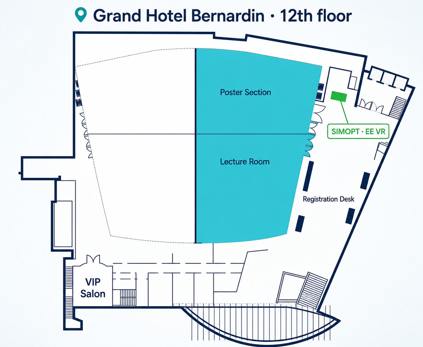 Plan du 12e étage du Grand Hotel Bernardin avec le stand Simopt mis en évidence